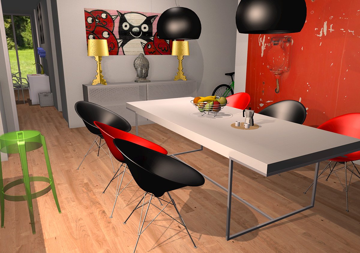 Showroom mit Kartell Plastikmöbeln von Philippe Starck, erstellt mit dem roomeon 3D-Planer